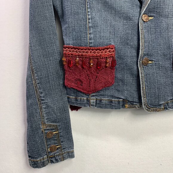 Elegant Boho Denim Jacket Embellished Lace Beaded Handcrafted Luxe Rockstar - Picture 6 of 11